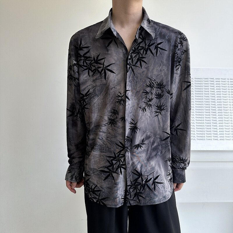 秋季复古植绒提花翻领长袖男女休闲衬衣简约冷淡风衬衫5265P95,男装衬衫,电商A246