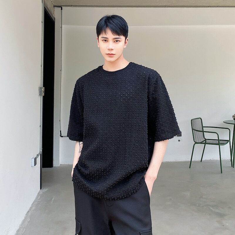 夏季暗黑系小众破洞设计潮流圆领男半袖T恤痞帅纯色短袖3643P60，男装T恤，电商A246