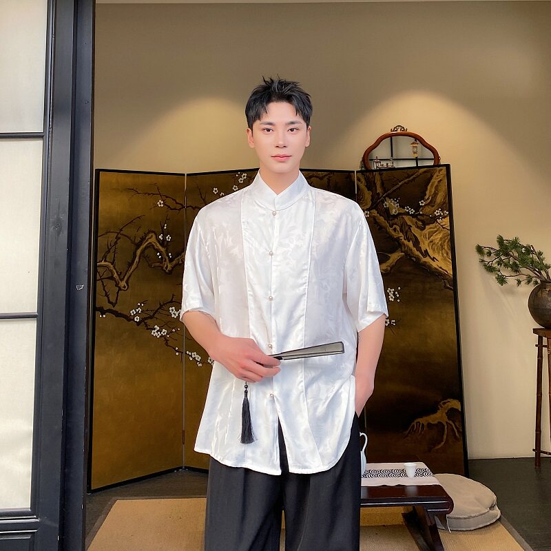 夏季新中式缎面提花立领短袖男女衬衣风禅意休闲衬衫3571P85,男装衬衫,电商A246