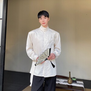 中式立领盘扣双门襟长袖男女衬衣风禅意缎面提花刺绣3540P105图片
