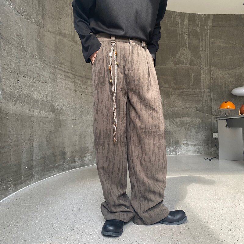 秋冬加厚毛呢直筒长裤复古做旧纹理腰绳设计阔腿男女长裤5209P95图片