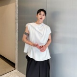 夏季潮流痞帅堆领飘带无袖坎肩男女衬衣气质纯色衬衫3567P75，男装衬衫，电商A246