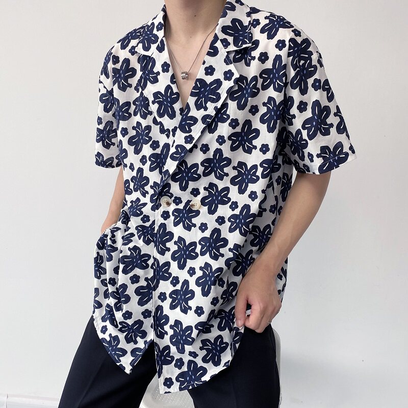 夏季简约复古印花西服领短袖男女衬衣潮流休闲衬衫2385P75,男装T恤,电商A246