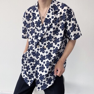 夏季简约复古印花西服领短袖男女衬衣潮流休闲衬衫2385P75图片