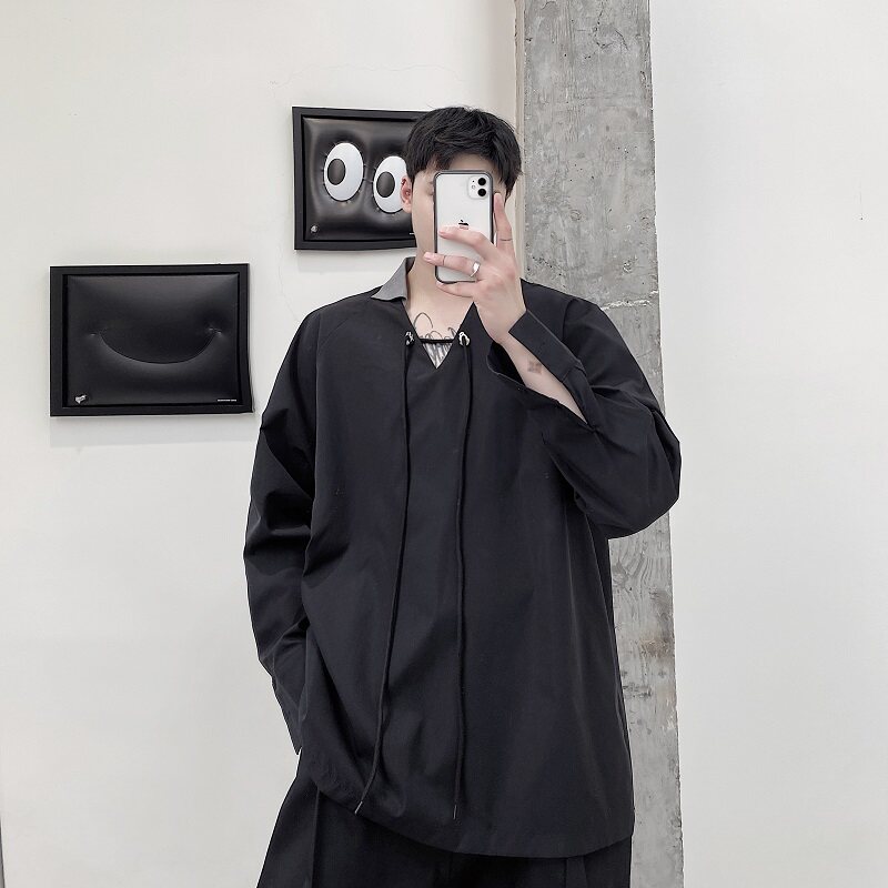 秋季潮流设计撞色翻领套头长袖男衬衣简约禁欲系时髦上衣5094P65图片