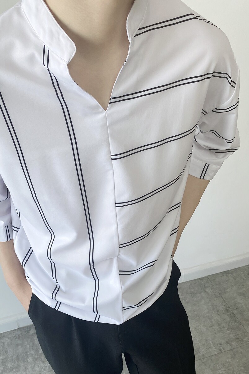 夏季条纹立领七分袖套头男衬衣韩版休闲痞帅衬衫568P55,男装衬衫,电商A246