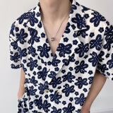 夏季简约复古印花西服领短袖男女衬衣潮流休闲衬衫2385P75，男装T恤，电商A246