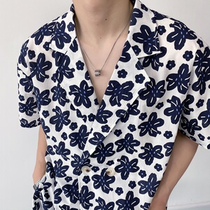 夏季简约复古印花西服领短袖男女衬衣潮流休闲衬衫2385P75图片