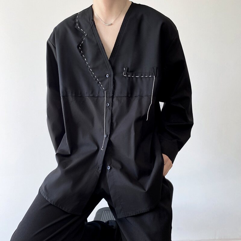 秋季暗黑禁欲系拼接面料个性手缝工艺长袖男女衬衣潮流2504P75图片