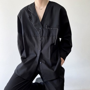秋季暗黑禁欲系拼接面料个性手缝工艺长袖男女衬衣潮流2504P75图片