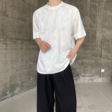 夏季新中式缎面提花拼接圆领短袖男女T恤复古风上衣9769P85，男装T恤，电商A246