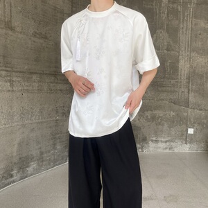夏季新中式缎面提花拼接圆领短袖男女T恤复古风上衣9769P85图片