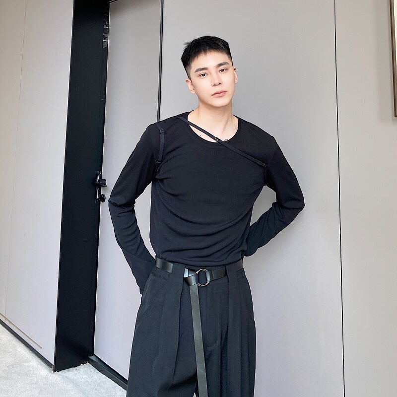 潮流个性袢带设计圆领长袖男T恤高级感凹造型百搭套头衫5060P65，男装T恤，电商A246