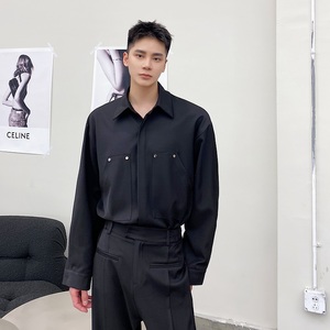 春季新款韩版简约高级感翻领长袖男衬衣雅痞时髦纯色衬衫3782P80图片