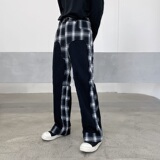 复古格子拼接休闲裤男时尚设计感高腰直筒宽松A246-5018-P105，男装休闲裤，电商A246