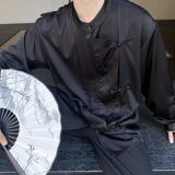 秋季新中式立领盘扣男女长袖衬衣复古缎面提花拼接衬衫2583P85，男装衬衫，电商A246