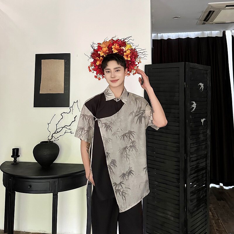 设计款中式墨竹拼色翻领复古短袖A246-6819-P90,男装衬衫,电商A246