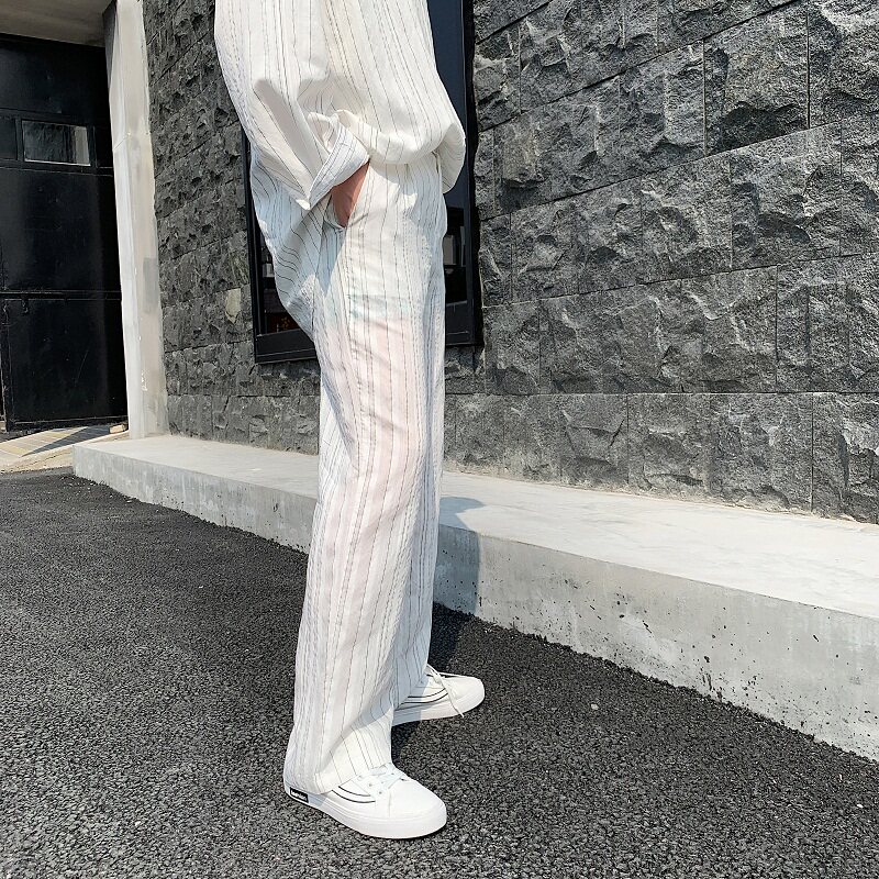 夏季新款设计感小众宽松条纹气质阔腿男长裤A261-9009-P65图片