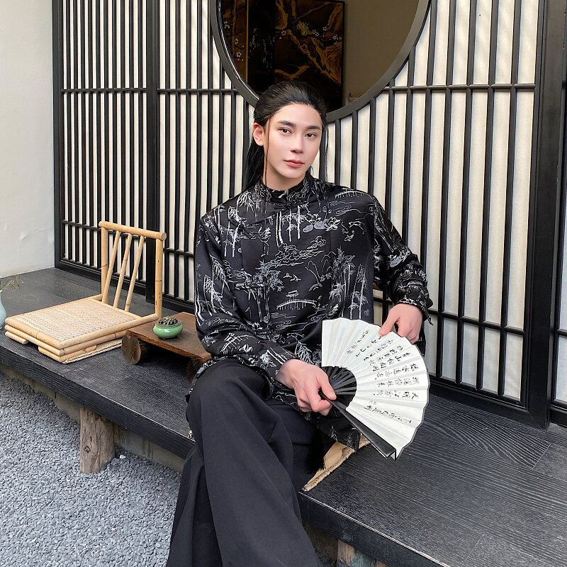 春季新中式锦缎提花立领盘扣长袖男女衬衣复古禅意衬衫2640P110,男装衬衫,电商A246