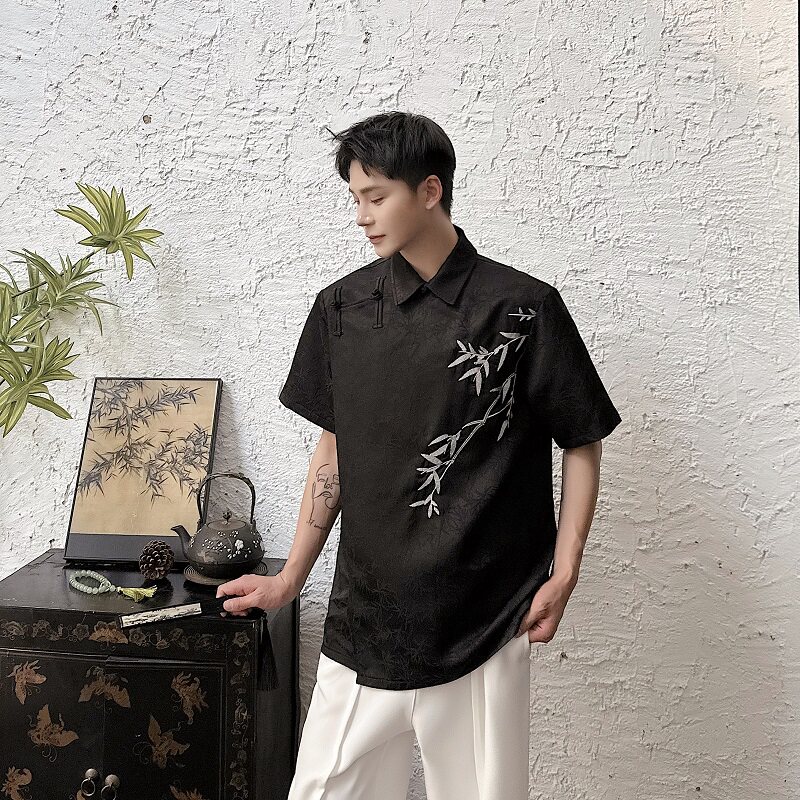 夏季新中式提花绣竹翻领盘扣短袖男女衬衣复古风衬衫5259P100,男装衬衫,电商A246