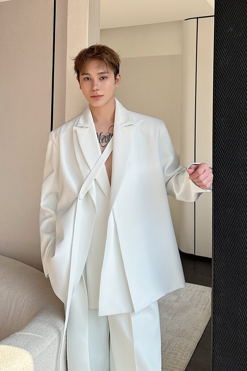 春季新款西服套装小众双领绑带设计西服阔腿休闲直筒长裤6831P245,男装休闲套装,电商A246