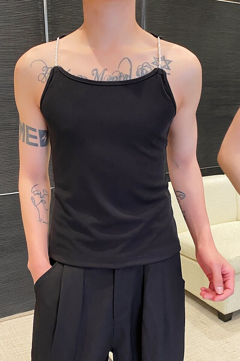 夏季个性珍珠肩带设计圆领短款男女背心潮流雅痞针织坎肩3545P65,男装背心/马甲,电商A246