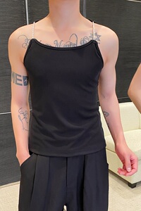 夏季个性珍珠肩带设计圆领短款男女背心潮流雅痞针织坎肩3545P65图片