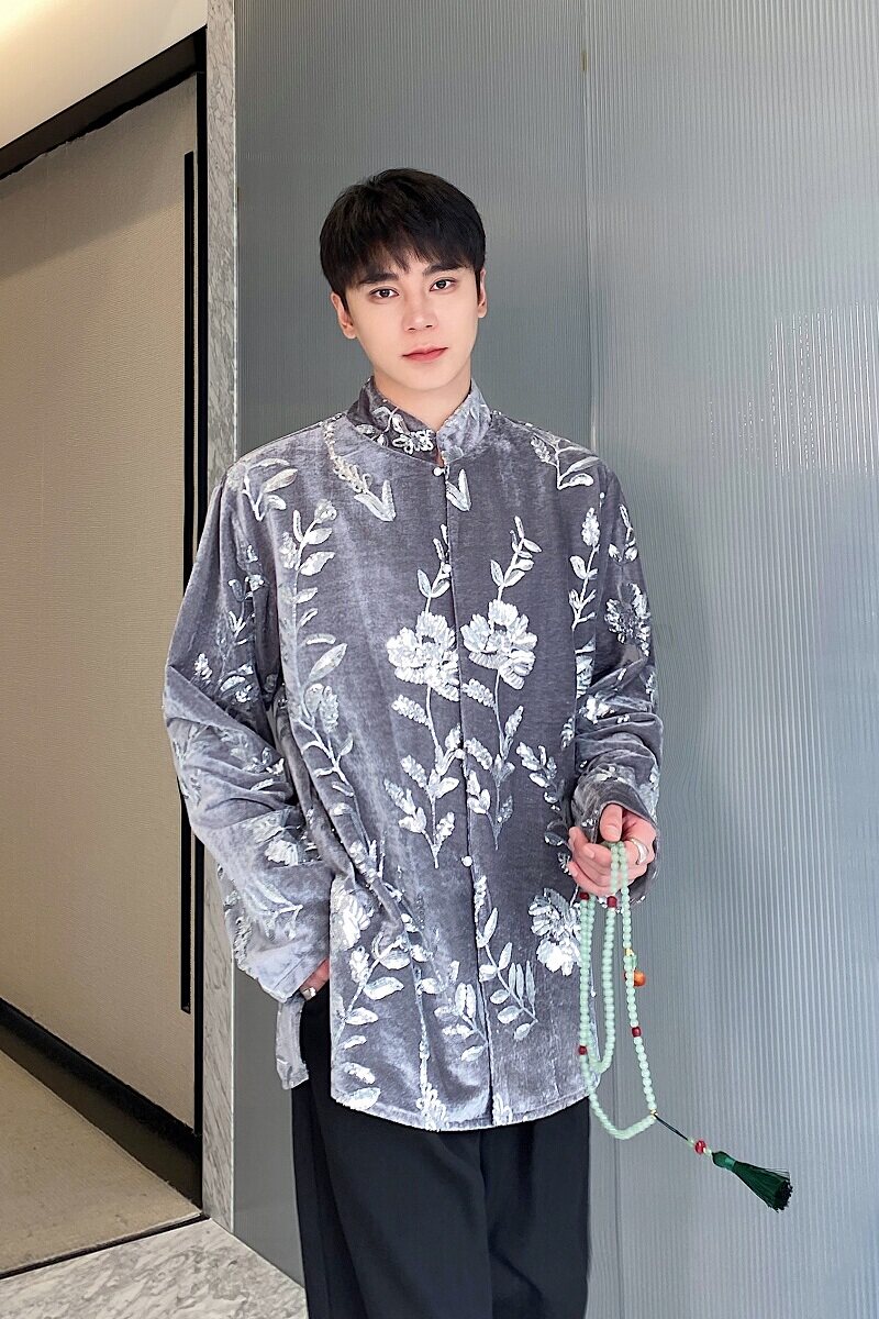 秋季丝绒绣亮片立领长袖男女衬衣复古休闲宽松衬衫3553P115,男装衬衫,电商A246