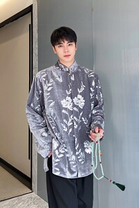 秋季丝绒绣亮片立领长袖男女衬衣复古休闲宽松衬衫3553P115图片