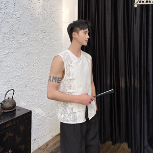 夏季新中式透视立体提花圆领盘扣无袖背心坎肩男女休闲6822P75图片