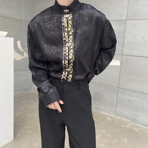 早春潮流風(fēng)金屬盤扣立領(lǐng)長袖男女襯衣復(fù)古提花雅痞襯衫2535P95圖片