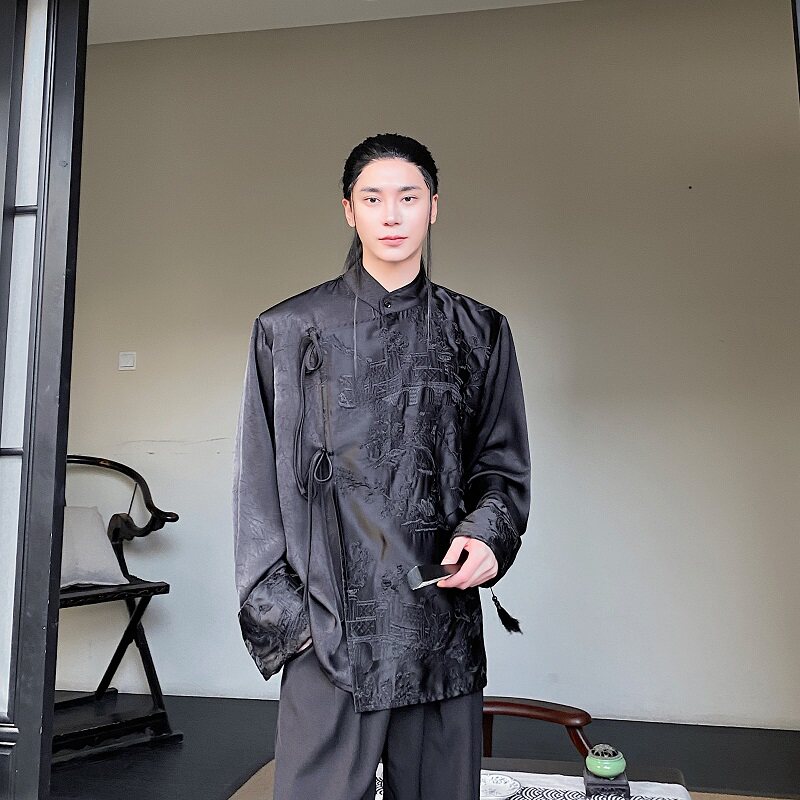 春季新中式刺绣系带立领长袖男女衬衣复古风禅意衬衫2641P115图片