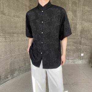 夏季新中式缎面提花立领短袖男女衬衣风禅意休闲衬衫3571P85图片