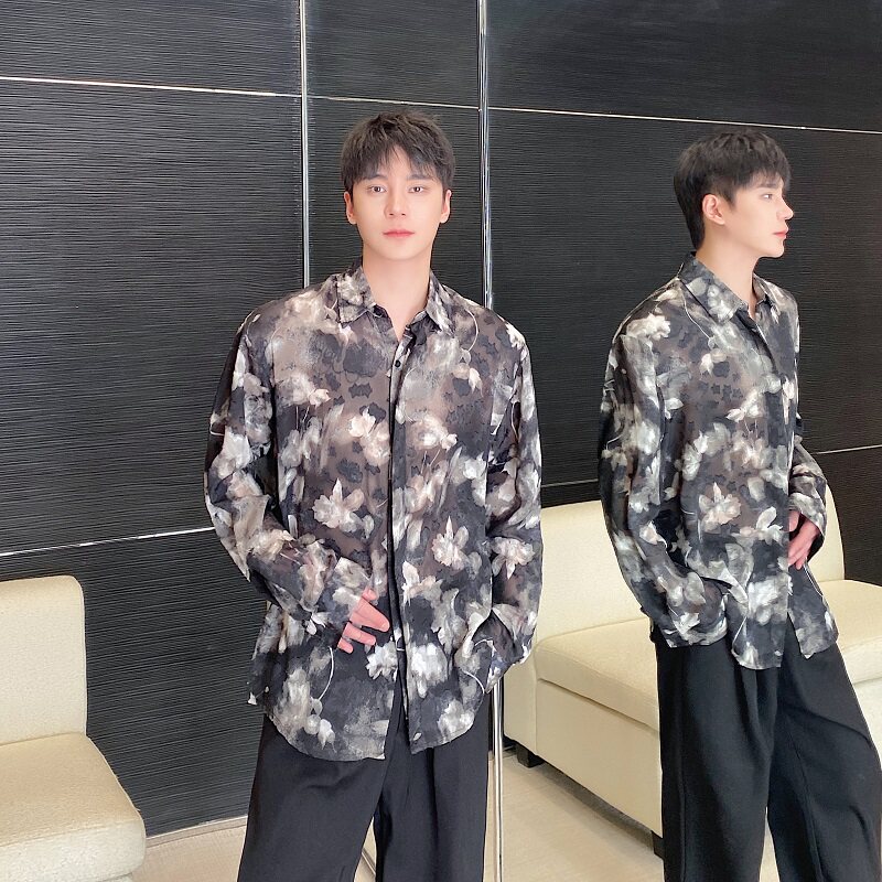 春季新款立体烧花工艺翻领长袖男女衬衣潮流暗黑韩版衬衫3550P85图片