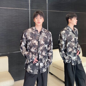 春季新款立体烧花工艺翻领长袖男女衬衣潮流暗黑韩版衬衫3550P85图片