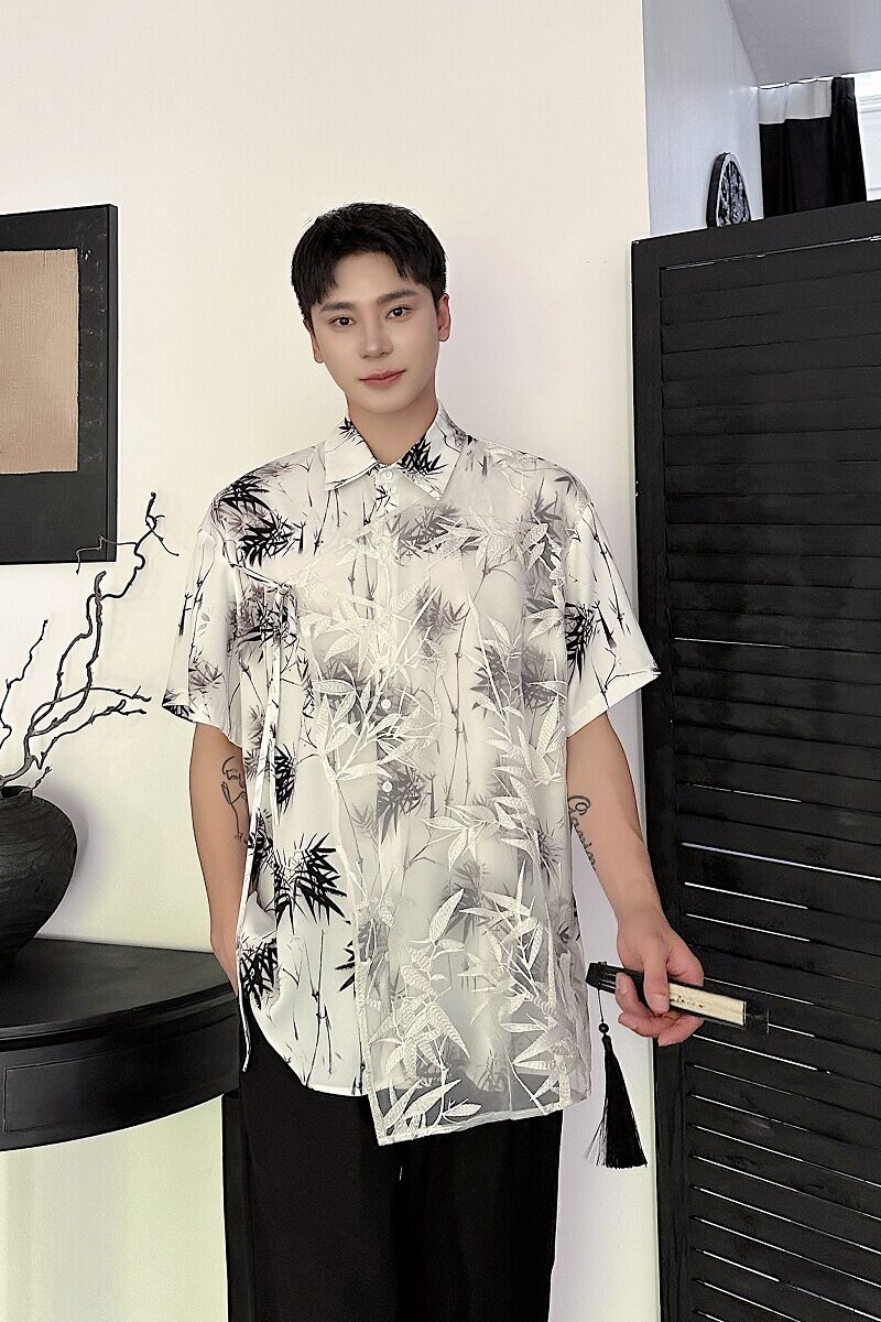 新中式竹子垂坠感半短袖衬衫高级上衣免烫丝滑A246-6824-P90,男装衬衫,电商A246