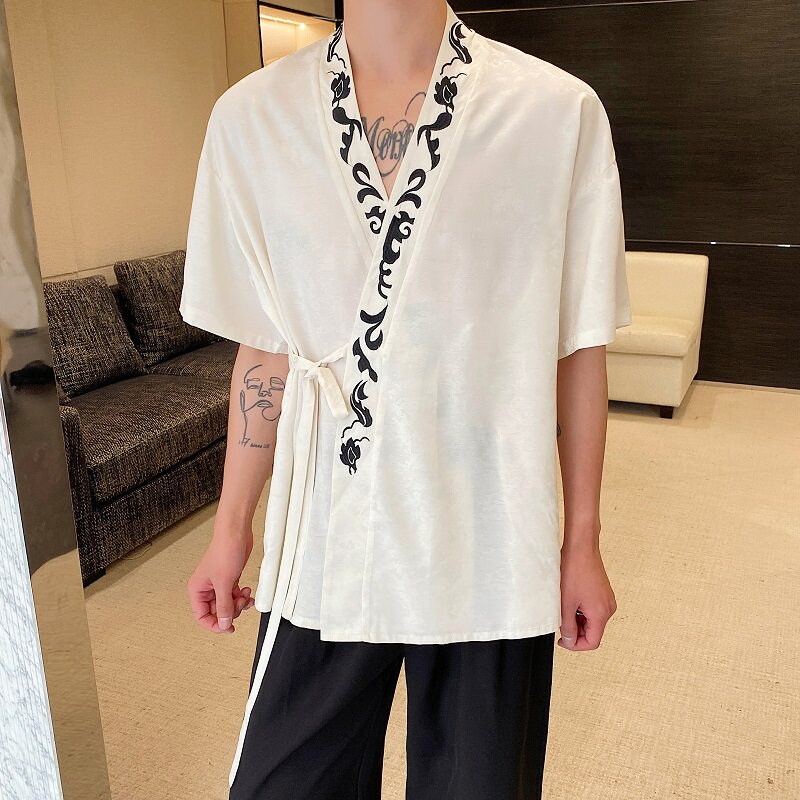 夏季新中式缎面提花刺绣绑带设计短袖男女衬衣风禅意9777P90,男装T恤,电商A246