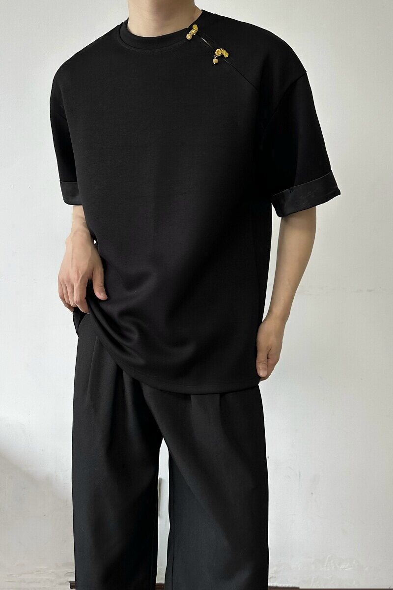 夏季新中式提花袖口设计圆领短袖男女T恤复古风禅意上衣9770P75,男装T恤,电商A246