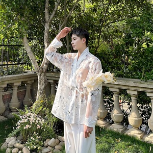 夏欧根纱提花禅意绑带长袖男女衬衣潮流复古休闲防晒衬衫3577P95图片