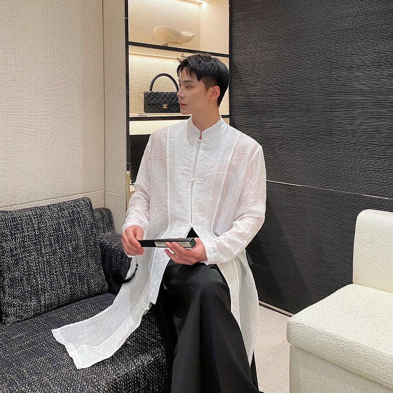夏季中式立领盘扣长袖欧根纱防晒衬衣风禅意长款衬衫9766P110,男装防晒衣,电商A246