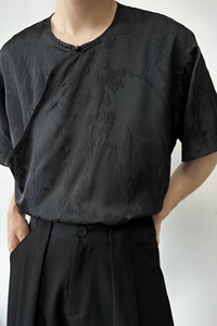 夏季新中式缎面提花盘扣圆领短袖男女衬衣复古风衬衫6817P85图片