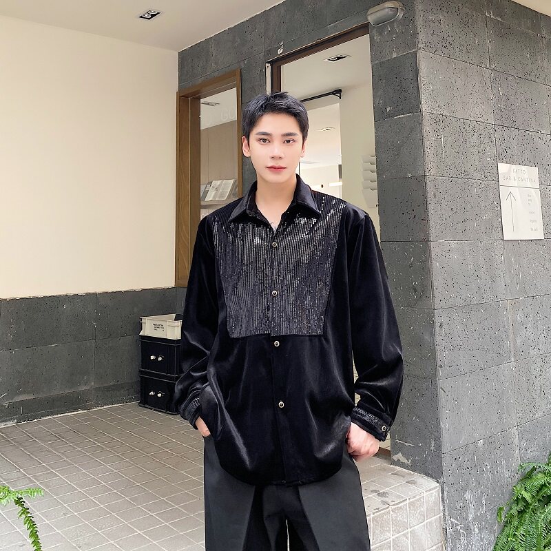 秋季丝绒亮片水钻扣翻领男长袖衬衣复古宫廷风演出舞台装2596P105图片