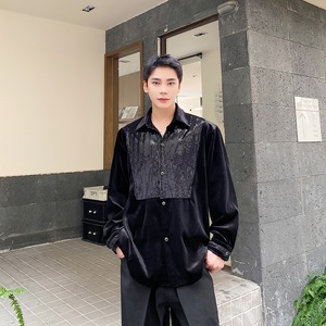 秋季丝绒亮片水钻扣翻领男长袖衬衣复古宫廷风演出舞台装2596P105图片