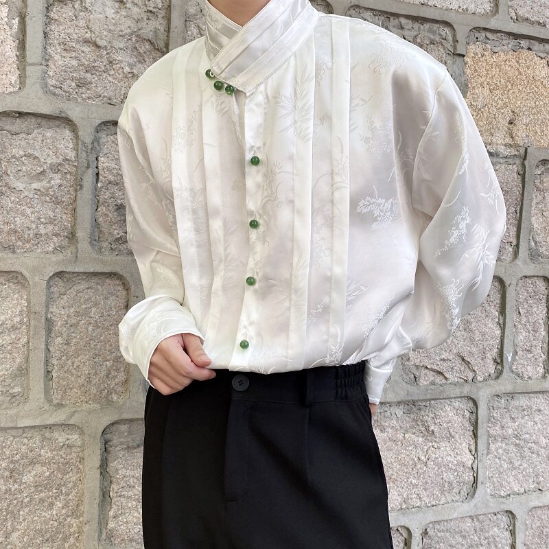 秋季个性提花缎面新中式褶皱设计立领长袖男女衬衣宽松2587P95,男装衬衫,电商A246