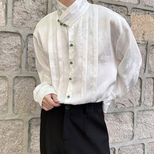 秋季个性提花缎面新中式褶皱设计立领长袖男女衬衣宽松2587P95