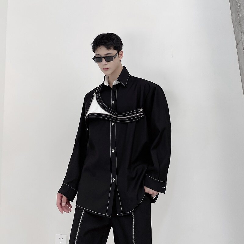新款个性痞帅拉链拼接时尚潮流机能风翻领衬衣外套5097-P105,男装衬衫,电商A246