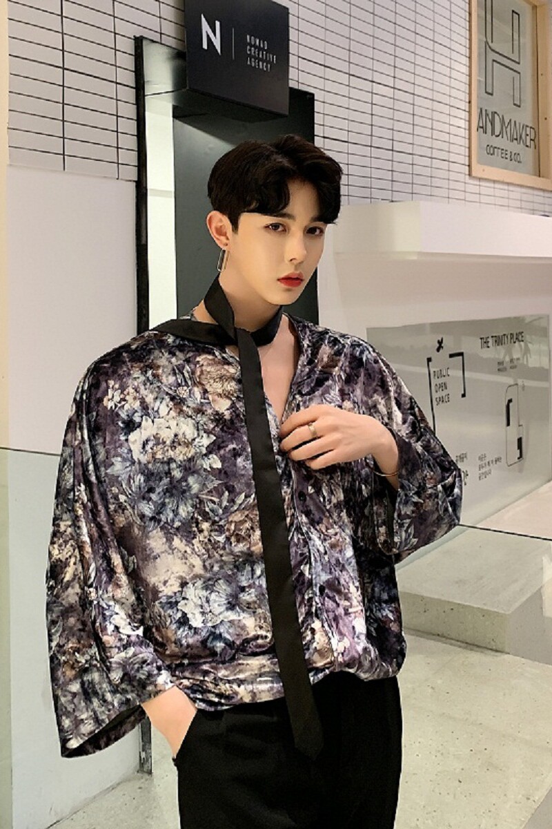 小众走秀款丝绒提花飘带圆领宽松七分下男衬衣A261-2081-P70,男装衬衫,电商A246