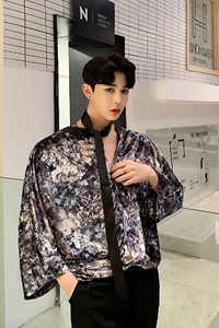 小众走秀款丝绒提花飘带圆领宽松七分下男衬衣A261-2081-P70图片