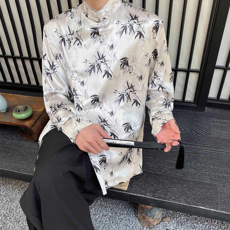 新中式锦缎印花立领盘扣长袖男女衬衣潮流风禅意衬衫3538P95,男装衬衫,电商A246