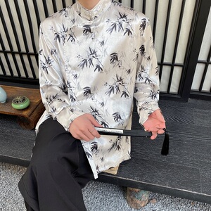 新中式锦缎印花立领盘扣长袖男女衬衣潮流风禅意衬衫3538P95图片